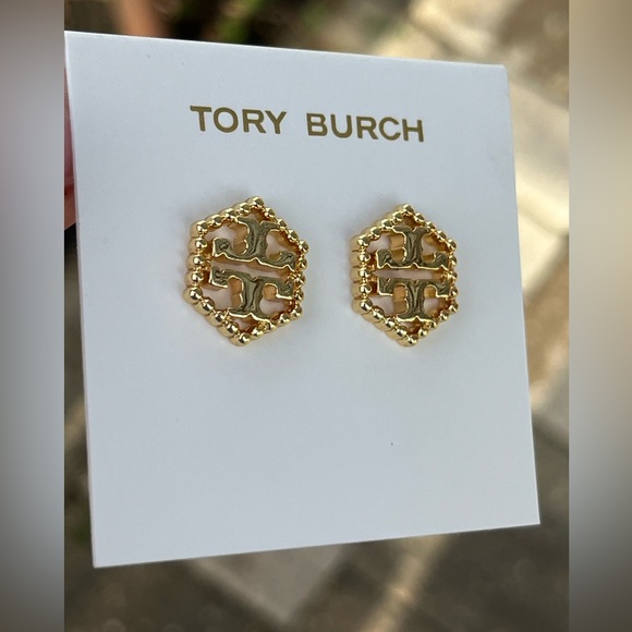 NWOT Tory Burch Kira Gold Toned Logo T Pave Stud Earrings - Picture 4 of 7